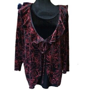 Notations Women's 1X Black Velvet With Red Glitter Floral Design Top